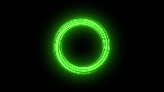 Abstract green energy vortex with neon lime glowing light rotating at linear speed on black background. Futuristic sci-fi portal ring, magic fantasy aura fx, cosmic spiral.