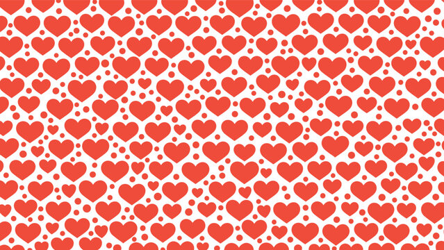 Vibrant seamless pattern filled with red hearts of various sizes and small red dots on a solid white background for valentine themes.