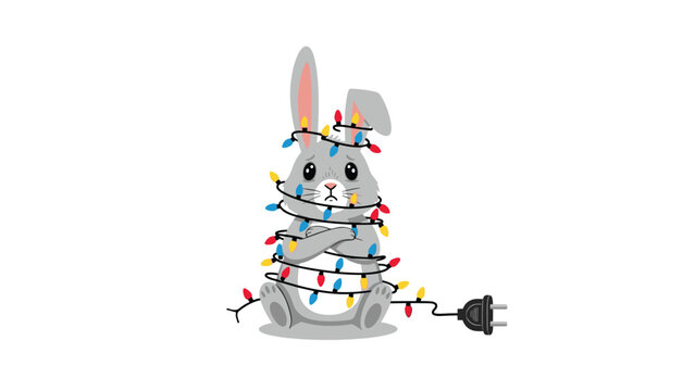 Adorable illustration of a sad grey rabbit tangled in a long string of colorful glowing Christmas lights with an unplugged cord.