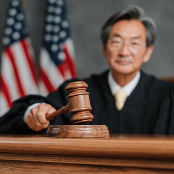 Judge bringing gavel down during courtroom hearing at bench