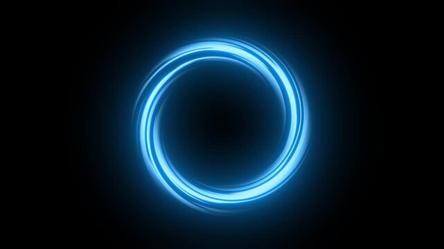 Glowing blue neon vortex ring with slow linear speed rotation loop isolated on black background. Futuristic magic circle portal, abstract blue aura, bright plasma ray fx.