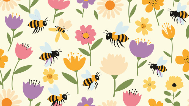 Bright and cheerful seamless pattern displays colorful springtime flowers and busy bumblebees flying across a light cream background.