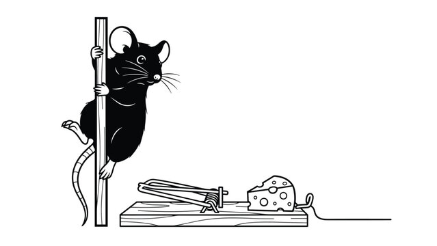 Classic black and white line drawing depicts a mouse climbing a pole next to a wooden mouse trap baited with a piece of holey cheese.