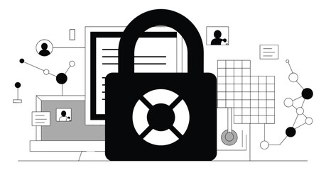 Digital Security Lock. A stylized digital padlock stands as a symbol of data protection and cybersecurity, surrounded by network diagrams and computer icons. © Vector By Kolpona