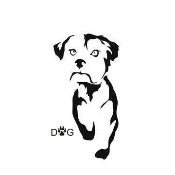 Vector drawing of a dog. Black and white gestalt design of a funny pet. Little doggy. Cute animal illustration. Postcard for International Dog Day. Drawing of an animal in the Gestalt style.