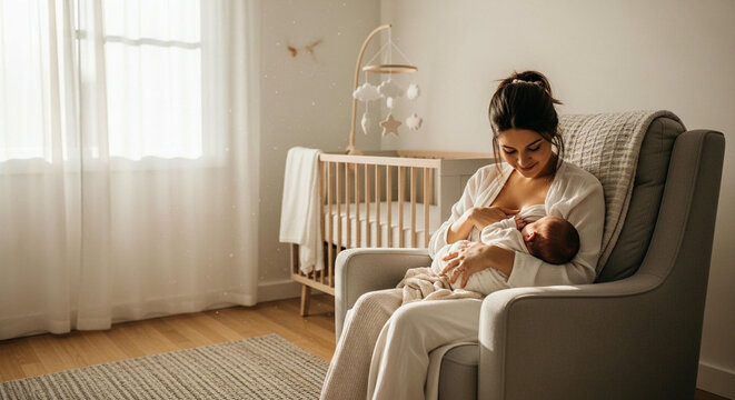 Young mother tenderly breastfeeding her newborn baby in a cozy nursery armchair, a symbol of maternal love and early bonding