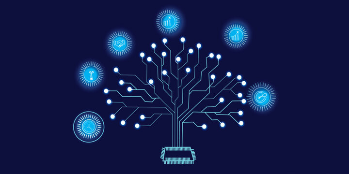 Digital tree of connections with business icons and glowing nodes on dark blue background.
