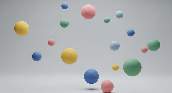 Minimalist 3D render of colorful floating spheres in a neutral gray void composition
