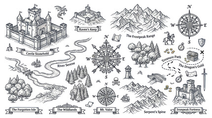 Fantasy Map Elements: Castle, Mountains, Compass, Treasure, Knight, Dragon © hana