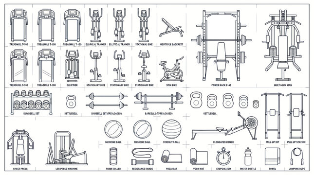 Fitness Equipment Blueprint Collection: Gym Machines, Weights, Accessories