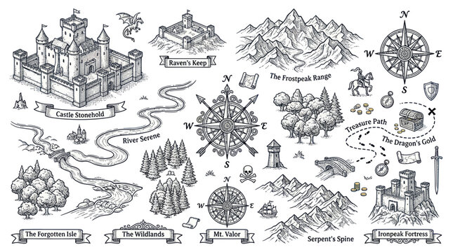 Fantasy Map Elements: Castle, Mountains, Compass, Treasure, Knight, Dragon