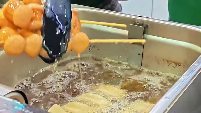 Chef frying and lifting sausage skewers in deep fryer with tongs, Bubbly Grease, Fast Comfort Food, Electric Commercial Kitchen Equipment