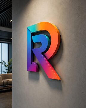 Colorful 3D Letter R Logo Mounted on Concrete Office Wall