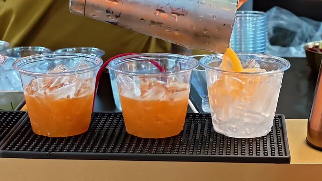 Barkeeper pouring drink from cocktail shaker into plastic cup with ice, Pub Bar Counter, Nightclub Beverage, Alcoholic Refreshment