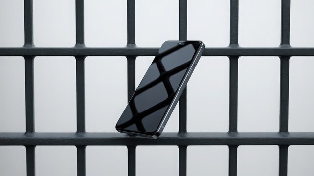 A black smartphone leaning against prison bars, isolated on white background, symbolizing digital restriction or phone addiction.