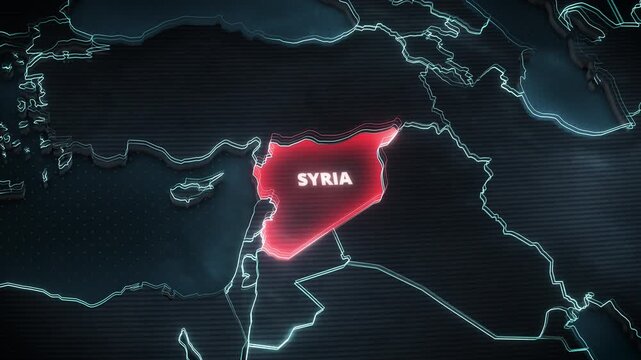 3D digital map animation highlighting Syria with a glowing red alert, ideal for geopolitical news broadcasts and crisis reporting presentations.
