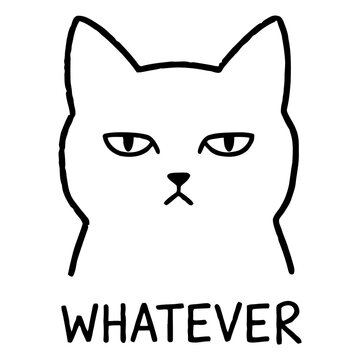 Grumpy Cat Face with Whatever Text, Minimalist Line Art Illustration