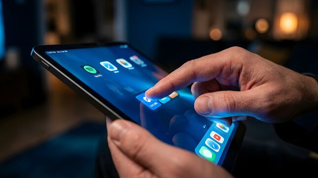 Person using a tablet computer to browse applications in a dark room.