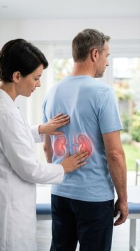 Renal ailment check: kidney disease, doctor consult, patient back, health concern, medical exam, pain area, organ problem, human anatomy, discomfort signal.