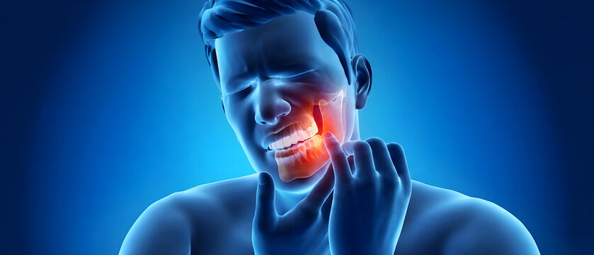 A 3D medical illustration of a man clutching his jaw in intense pain, with a glowing red highlight on his lower back teeth and jaw joint, symbolizing a severe toothache or TMJ disorder.