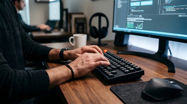 Software developer typing code on a mechanical keyboard at a wooden desk in a dark office environment.