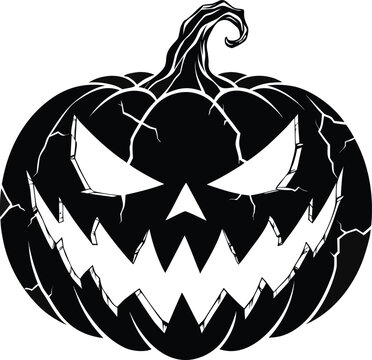 Halloween pumpkin, spooky face, black and white vector, jack-o-lantern icon, scary symbol