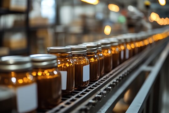 Glass Jar Canning And Packaging Line With Finished Food Products Ready For Distribution