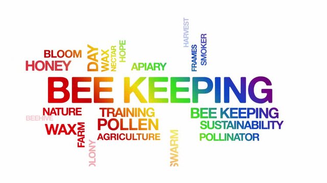 Bee keeping concept Animated Tag Word Cloud kinetic typography, Text Design Animation typography seamless loop video motion graphics Intro Wordart arrangement tagcloud rainbow type on white background