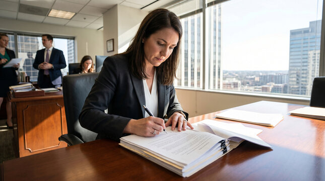 Lawyer working with documents at desk with city view office