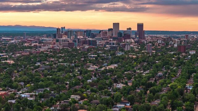 Denver skyline at sunset drone hyperlapse Colorado 4K