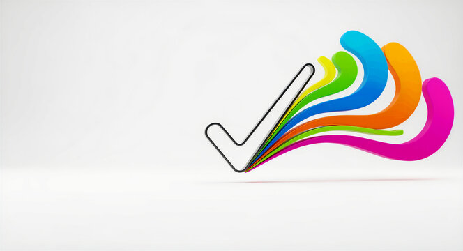 Colorful 3D checkmark icon with vibrant flowing waves. Modern abstract design with rainbow trails following a black tick mark. Success concept for business presentations and goal achievement.