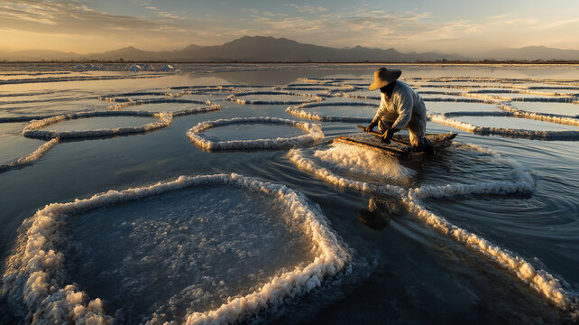 A Worker Harvesting Salt in Geometric Salt Pans at Sunrise
