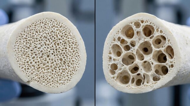 Human bone affliction: dense osseous, fragile structure, medical disease, health degradation, osteoporosis process, porous material, internal decay, skeletal vulnerability.