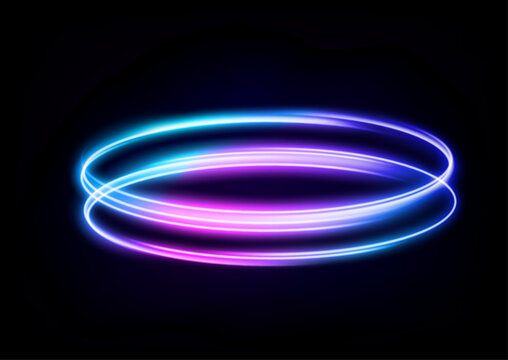 Neon glowing spiral vortex with blue and purple light rings isolated on black background