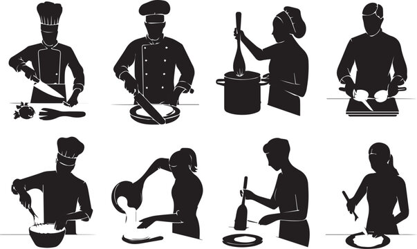 Collection of black silhouette illustrations of chefs cooking isolated on white background Vector Art
