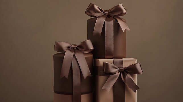 Elegant stack of three wrapped gift boxes in rich mocha and cream tones tied with luxurious satin ribbons presented against a soft muted brown studio background with subtle