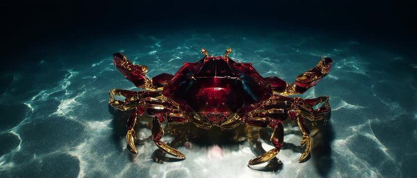 Glassy Liquid Geometric Abstract Crab Formed by Ruby and Gold Fluid