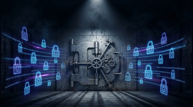 Heavy steel bank vault door surrounded by glowing digital padlocks and binary code