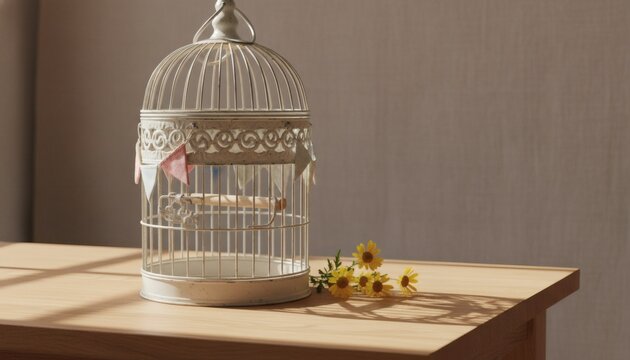 White vintage bird cage with festive decorations standing on a wooden table in sunlight for Domestic Animal Day concept, celebrating pet bird companions in a cozy home environment