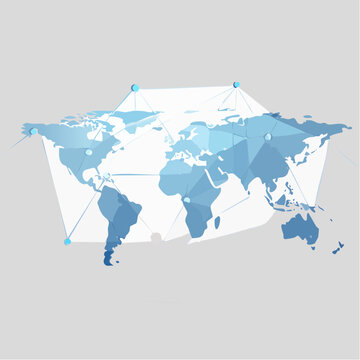 Abstract global business network vector illustration, modern world map with interconnected polygons and nodes for worldwide connection