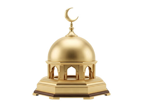 Golden mosque model with crescent moon on top isolated on transparent background