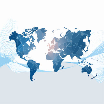 Abstract World Map Digital Economy Concept with Flowing Data Lines and Glowing Blue Accents