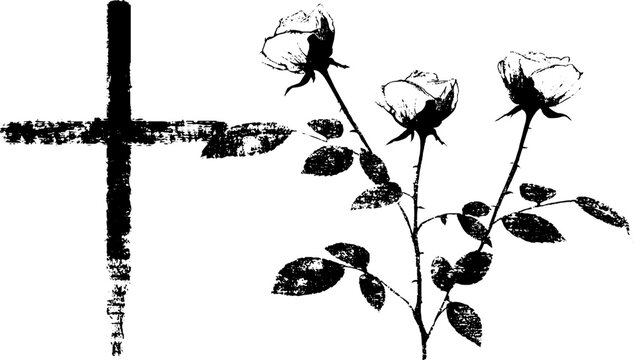 Black and white cross with climbing roses ink drawing wide composition high contrast for memorial background poster and tattoo stencil