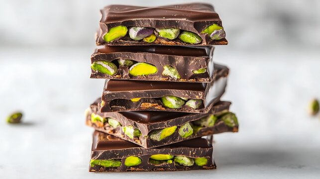 Close up macro shot of a rustic stack of dark chocolate bars generously studded with vibrant green pistachios artfully arranged on a subtle grey marbled background