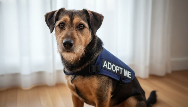 Adorable mixed breed dog wearing an adopt me vest sits looking at the camera for a Domestic Animal Day concept, promoting pet rescue and adoption shelter awareness