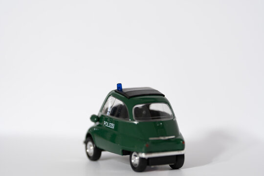 Bucharest Romania 31 May 2026.Detailed scale model of a vintage German green police car based on the iconic BMW Isetta 250 microcar. 