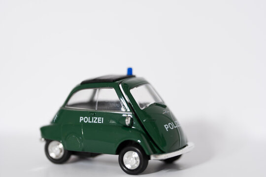 Bucharest Romania 31 May 2026.Detailed scale model of a vintage German green police car based on the iconic BMW Isetta 250 microcar. 