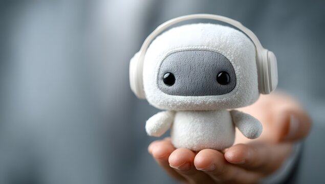 A small cute white robot toy with headphones held in a hand.