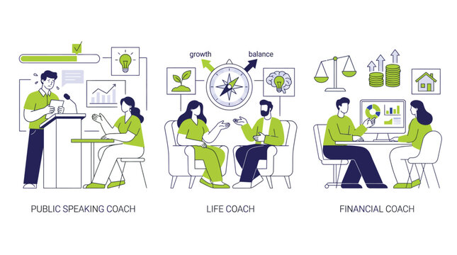 Coaching icons, business coaching illustrations, career development vector graphics, professional training