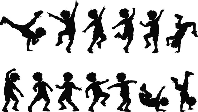 active boys breakdancing and jumping silhouette vector set on white background